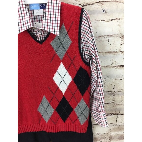 Boys Goodlad 3-Piece Argyle Sweater Vest Set Size 5/6 Red Plaid Shirt & Black Pa - Picture 2 of 7